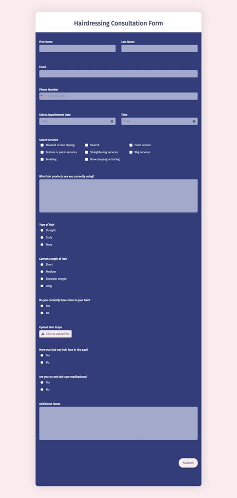 Are you looking for a simple way to allow clients book hairdressing consultations with you? Use this Hairdressing Consultation form. Clients can use this form to fill their personal information, select their preferred consultation date, and so on. It can also be used to streamline the booking process. Hair Consultation, Form Template, Brow Shaping, Haircut And Color, Perm, Shoulder Length, Simple Way, Hair Inspo, Straight Hairstyles