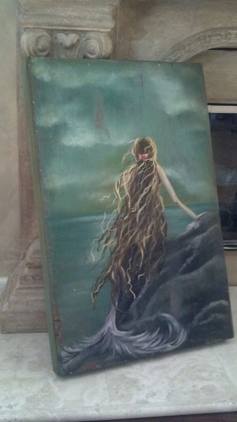 Mermaid mural done in acrylics. Painted on salvaged wood. Kelliescreations.com  Find me on FaceBook under Kellies Creations Jackson NJ Painted Mermaid, Mermaid Artwork, Canvas For Beginners, Mermaid Fairy, Mermaid Drawings, Mermaid Painting, Mermaid Dreams, Mermaids And Mermen, Mermaid Life