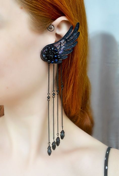 Angel Wing Ear Cuff, Wing Ear Cuff, Elf Ear Cuff, Black Angel Wings, Fairy Ears, Blue Tooth, Black Angel, Wrap Earrings, Fake Piercing