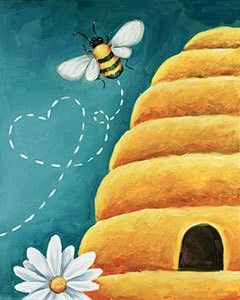 Spring Canvas Painting Ideas, Spring Canvas Painting, Bee Pictures Art, Social Artworking, Beehive Art, Art Paint Party, Painting Party Ideas, Paint And Sip Ideas, Paint For Kids