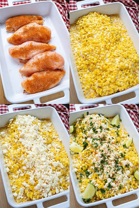 Mexican Street Corn Baked Chicken Mexican Food Recipes Corn, Mexican Street Corn Baked Chicken, Mexican Street Corn Casserole With Chicken, Mexican Street Corn Casserole Meal Prep, Chicken Street Corn Casserole, Mexican Street Corn Chicken Crockpot, Street Corn Chicken Bake, Chicken Corn Bake, Street Corn Chicken Crockpot