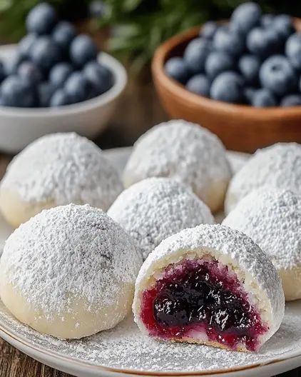 Bleuberry-Filled Almond Snowballs – Festive Cookie Delight Almond Snowball Cookies, Chritmas Cookies, Optimal Recipes, Snowball Cookie, Snowball Cookie Recipe, German Cookies, Cookie Stand, Jam Cookies, Snowball Cookies