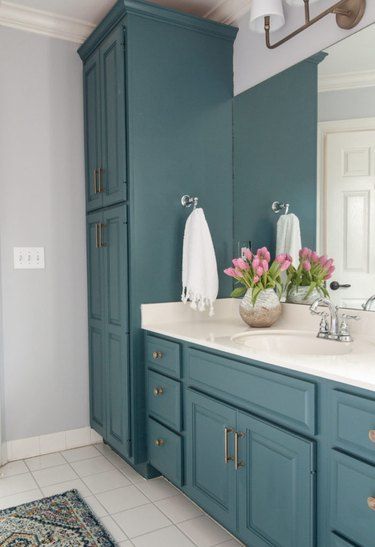 Trends are shifting once again, and right now, we are loving the popular bathroom colors we're seeing. We've noticed that these current hues, from blush to blues to greens, are fresh, saturated, and all-too-obviously nod to the outdoors. #hunkerhome #bathroom #bathroomvanity #bathroomvanityideas #vanityideas Bathroom Cabinet Colors, Bathroom Cabinet Makeover, Makeover Kamar Mandi, Beautiful Bathroom Vanity, Bathroom Improvements, Bad Inspiration, Vinyl Decor, Trendy Bathroom, Bathroom Vanity Cabinets