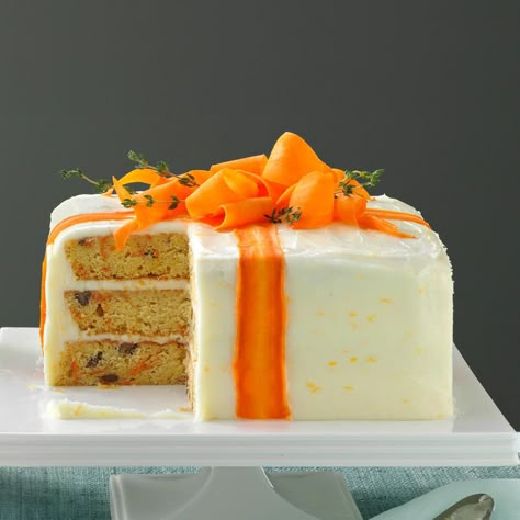 Three-Layered Carrot Cake Recipe -My mom loved carrots so much she put them in various dishes at least five times a week when I was growing up. Her specialty was a homemade carrot cake that was requested for every special occasion. When I made this for her 70th birthday, she cried with each bite. —Paula Marchesi, Lenhartsville, Pennsylvania Layer Carrot Cake, Carrot Cake Decoration, Homemade Carrot Cake, Blueberry Lemon Cake, Easy Cake Decorating, Carrot Cake Recipe, Blueberry Cake, St Vincent, Upside Down Cake