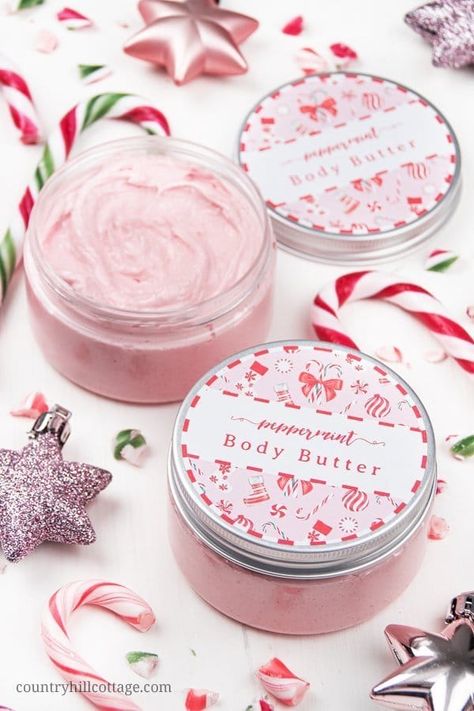 Esthetic Business, Peppermint Body Butter, Candy Cane Sugar Scrub, Xmas Packaging, Body Scrub Gift, Diy Candy Cane, Diy Scrubs, Body Butter Recipe, Body Butter Labels