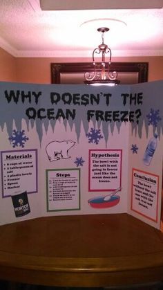 Science project: why doesn't the ocean freeze? Science Fair Topics, Middle School Science Fair Projects, Science Project Board, 5th Grade Science Projects, Kids Science Fair Projects, Elementary Science Fair Projects, Science Fair Board, Science Fair Experiments, Science Fair Projects Boards