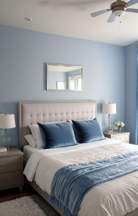 Create a stunning bedroom aesthetic by incorporating a color scheme of soft pastels, such as blush pink and baby blue. Pair it with trendy items like a velvet tufted headboard and a rose gold chandelier for a luxurious feel. French Country Guest Room, Velvet Tufted Headboard, Blue And Pink Bedroom, Rose Gold Chandelier, Blue Bedroom Walls, Room Color Combination, Blue Bedroom Decor, Bedroom Decor Inspiration, Accent Wall Bedroom