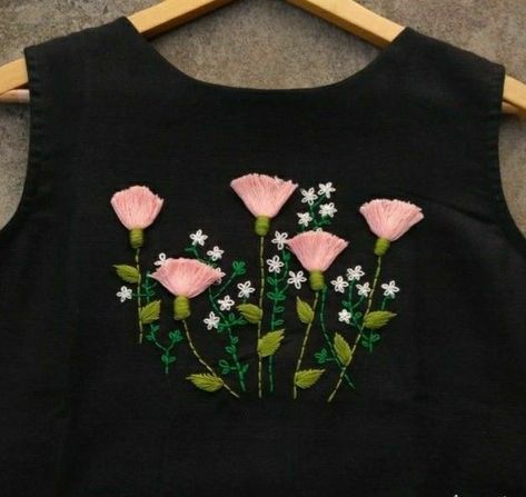 Black Kurti Embroidery Design, Kurti Hand Work Designs Latest, Hand Embroidery Blouse Designs Simple, Baby Dress Embroidery, Black Embroidered Blouse, Basic Hand Embroidery, Basic Hand Embroidery Stitches, Embroidery Patterns Flowers, Clothes Embroidery Diy