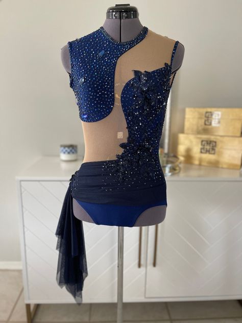 MADE TO ORDER. Navy Blue Lyrical Dance Costume - Etsy Canada Lyrical Dance Costumes Solo, Solo Dance Costumes, Cute Dance Costumes, Pretty Dance Costumes, Figure Skating Competition Dresses, Lyrical Dresses, Blues Dance, Contemporary Dance Costumes, Dance Competition Costumes