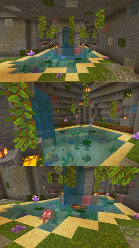 Axolotl Home Ideas Minecraft, Minecraft Frog Habitat Ideas, Minecraft Overgrown Archway, Axolotl Enclosure Ideas Minecraft, Axolotl Tank Ideas Minecraft In Wall, Mc Axolotl Enclosure, Minecraft Axolotl Habitat Cave, Mincraft Idea Aquarium, Axolotl Home Minecraft