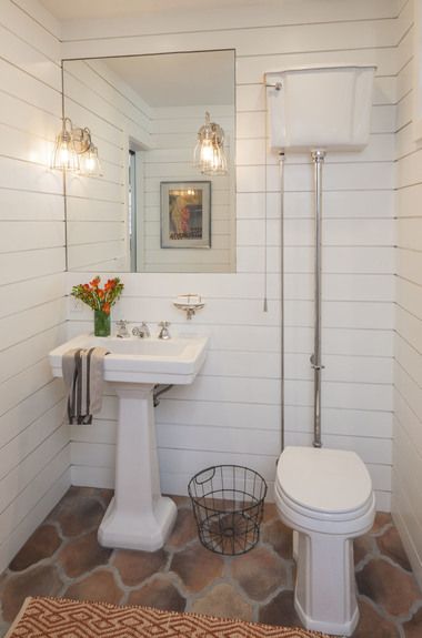 Portfolios - Dering Hall Terracotta Bathroom Floor, Home Depot Bathroom Tile, Vintage Powder Room, Beautiful Powder Rooms, Exposed Plumbing, Powder Room Design Ideas, Home Depot Bathroom, Vintage Toilet, French Country Bathroom