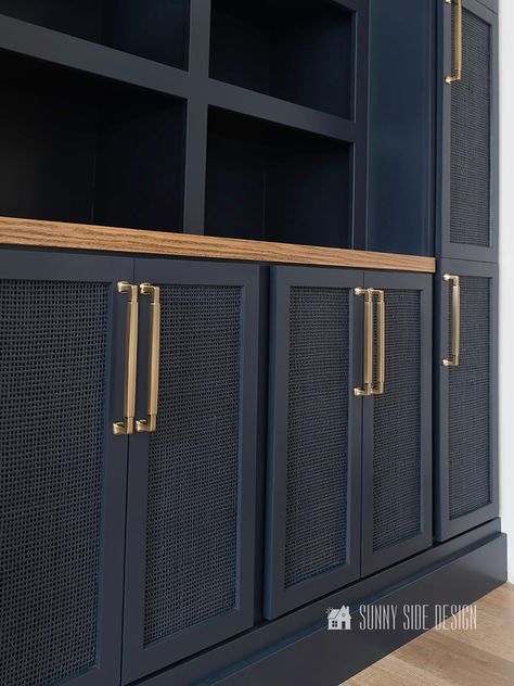 Navy Entertainment Center, Basement Entertainment Center, Painted Entertainment Centers, Blue Painted Cabinets, Built In Tv Cabinet, Built In Tv Wall Unit, Black Entertainment Centers, Cabinet Door Ideas, Champagne Gold Hardware