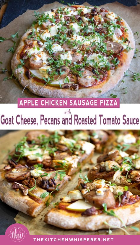 Apple Chicken Sausage Pizza with Goat Cheese, Pecans and Roasted Tomato Sauce Pizza With Goat Cheese, Tomato Cheese, Chicken Roasted, Sausage Pizza, Roasted Tomato Sauce, Chicken Apple Sausage, Apple Chicken, Pizza Recipes Easy, Tomato Sauce Recipe