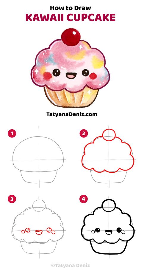 Easy step-by-step tutorial to draw kawaii cupcake. This fun drawing is perfect to draw with kids, use in DIY and crafts, put on a greeting card or a t-shirt design. I used watercolor to color it, but it would look great with pencils or markers too. Kawaii art and drawing tutorial by Tatyana Deniz. How To Sketch Step By Step For Beginners, Kawaii Drawing Tutorial Step By Step, Kawaii How To Draw, How To Draw Cute Food, Kawaii Drawing Tutorial, Kawaii Drawings Step By Step, How To Draw Kawaii Step By Step, Drawing Step By Step For Kids, Watercolor For Kids Easy