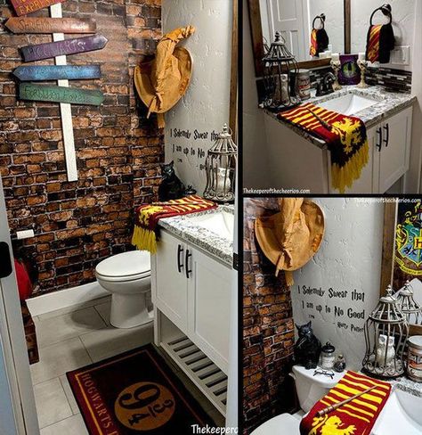 Brick bathroom wall - Platform 9 3/4 Harry Potter Themed Bathroom Ideas, Harry Potter Bathroom Decor Ideas, Harry Potter Kitchen Theme, Harry Potter Kids Bathroom, Harry Potter Bathrooms, Harry Potter Secret Room, Harry Potter Toilet Ideas, Harry Potter Inspired Bathroom, Harry Potter Theme Bathroom