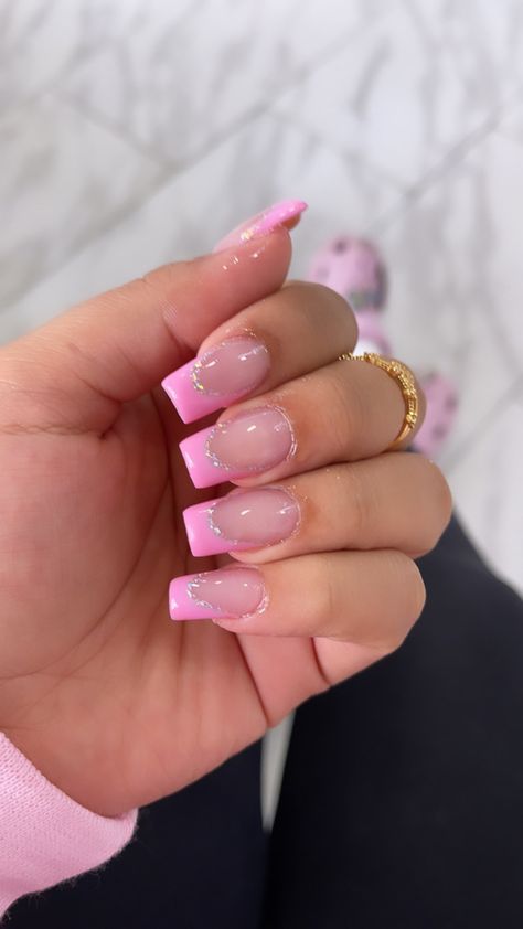 Cute Acrylic Pink Nails, French Tip 1.5, Small Medium Nails Acrylic, Summer Nail Inspo French Tip Square, Mid Coffin Acrylic Nails, Medium Length Nail Designs Summer, Prom Nails For Pink Dress Sparkle, Acrylic Nail Designs Hot Pink, Solid Color Valentines Nails