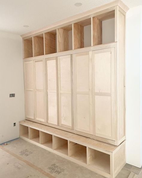 Floor To Ceiling Mudroom Lockers, Coat Lockers Mud Rooms, Mudroom Cabinet Dimensions, Lockers In Laundry Room, Garage Locker Storage, Built In Lockers Mud Rooms, Breezeway Makeover, Diy Mudroom Lockers With Doors, Mudroom Entryway Storage