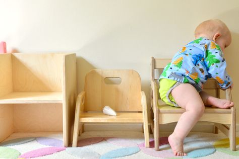 Toddler Chair Diy, Montessori Play Area, Infant Furniture, Montessori Chair, Montessori Infant Room, Different Chairs, Toddler Projects, Rocking Cradle, Cube Chair