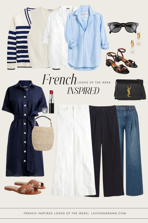 6 different outfit combinations for french outfits for the week Summer French Capsule Wardrobe, Nice France Outfits Spring, Outfit Ideas Spring Work, Paris Tourist Outfit, French Style Over 50, Summer French Outfits, French Fashion Spring, French Spring Outfits, French Summer Style