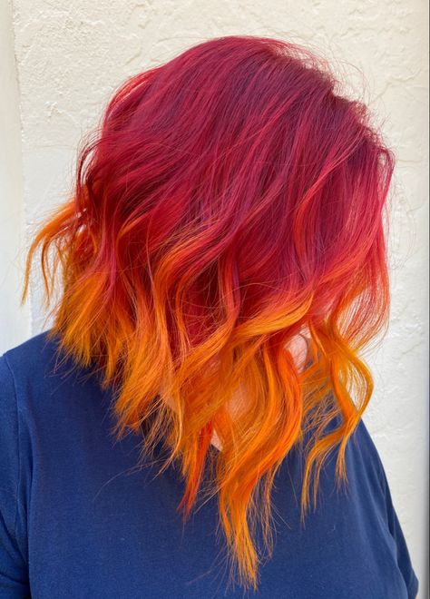 Textured bob, and vibrant color red hair orange hair Red And Yellow Hair, Orange Hair Bright, Red Hair Orange, Fire Ombre Hair, Red Hair Styles, Orange Ombre Hair, Sunset Hair Color, Orange Hair Dye, Yellow Blonde Hair