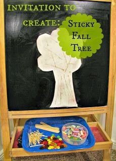 Sticky fall tree Fall Tree Ideas, Fall Tree Art, Easel Ideas, Art For Toddlers, Fall Activities For Toddlers, Painting Easel, Toddler Drawing, Sticky Wall, Fall Tree