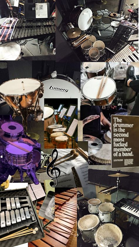 Percussion Wallpaper, Drummer Wallpaper, Drums Girl, Drums Wallpaper, Marching Band Memes, Drum Room, Drum Music, Music Collage, Band Kid