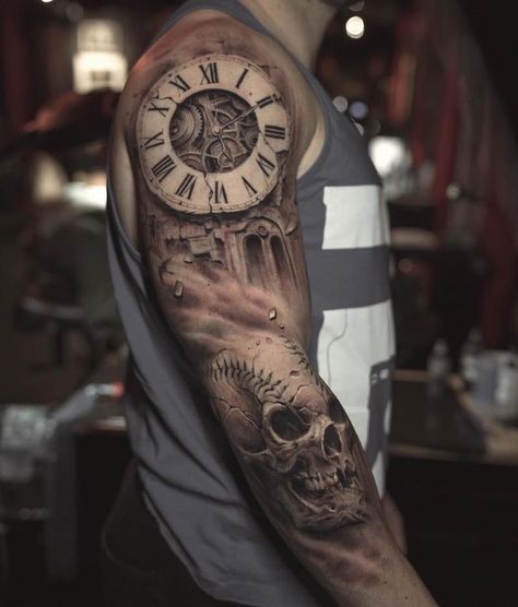 Clock Tattoo Sleeve by Darwin Enriquez Tattoos Arm Mann, Clock Tattoo Sleeve, Cool Half Sleeve Tattoos, Quarter Sleeve Tattoos, G Tattoo, Feminine Tattoo Sleeves, Skull Sleeve Tattoos, Skull Sleeve, Clock Tattoo Design