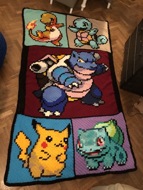 Crochet Anime Blanket, Crochet Pokemon Blanket, C2c Pokemon, Pokemon Knitting, Pokemon Blanket, C2c Patterns, Pokemon Crochet, Boys Quilt Patterns, Crochet Pokemon