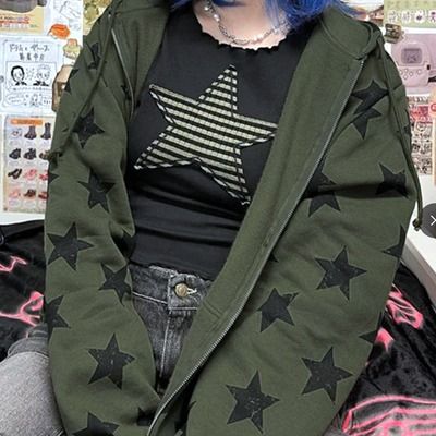 Starcore Clothes, Green Aesthetic Clothes, Alt Jacket, Grudge Aesthetics Outfits, Brianne Tju, Star Jacket, Grunge Jacket, Cool Clothing, Cool Clothes