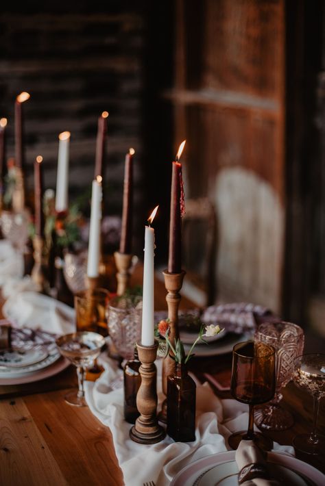 Amber Centerpiece Wedding Ideas, Eclectic Wedding Table Decor, Amber Table Setting, Brass Tablescape, Antique Wedding Decorations, Long Wedding Table Decorations, Candlestick Centerpiece Wedding, Ceremony Aisle Decor, Harvest Thyme