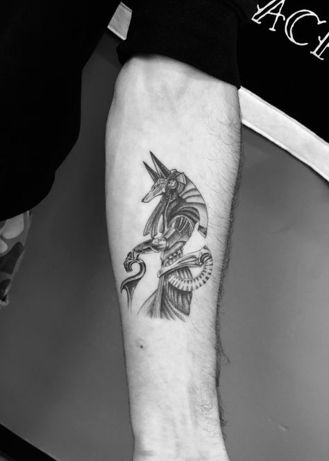 Anubis tattoo done with a single needle Anubis Tattoo, Tatting, Tattoos