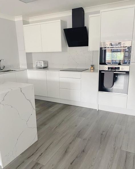 Wren Kitchens, Small White Kitchens, White Gloss Kitchen, Grey Kitchen Floor, Small Modern Kitchens, Handleless Kitchen, Gray And White Kitchen, Open Plan Kitchen Living Room, Kitchen Redesign