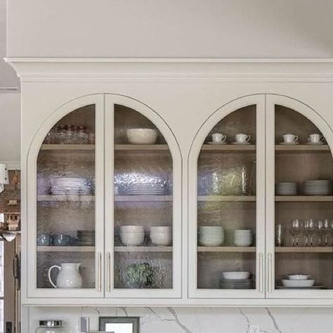 Heidi Ann Design on Instagram: "We couldn’t be happier about these arched cabinets! 😍" Kitchen Cabinets Rounded Edges, Kitchen Cabinets With Arched Doors, Arched Glass Cabinet Kitchen, Glass Cabinetry Kitchen, Arched Kitchen Cabinet Doors, Arched Cabinet Kitchen, Arched Cabinet Dining Room, Kitchen With Arches, Arch Kitchen Cabinets