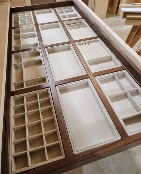 🌟 Check out this future epic closet! 🌟 Custom drawers straight from our woodshop feature handmade inserts for jewelry, purses, and belts! 👗👠👜 ⁠ ⁠ Talk about organizing in style😍✨ We can't wait to show you the full design!⁠ ⁠ #EpicCloset #CustomCloset #ClosetGoals #CustomMade #WoodShop #Organization #LuxuryLiving #ClosetInspo Shoe Storage In Dressing Room, Jewelry Walk In Closet, Antique Dresser In Closet, Scarf Storage Closet, Glass Top Jewelry Drawer, Closet Organization Jewelry, Jewelry Island In Closet, Jewelry Drawer Organization, Wardrobe Inserts