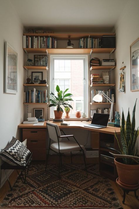 Cozy Den Office Space, Small Desk Space In Living Room, Home Office Functional, Home Office Ideas Desk In Middle, Home Office Supply Storage, Small Office With Library, Small Office Closet Ideas, Couple Office Ideas Small Spaces, Small Office Solutions