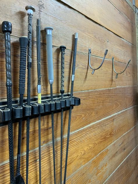 Tack Cleaning Station, Stable Organization, Whip Holder, Barn Organization Ideas, Horse Barn Decor, Tack Room Organization, Horse Tack Rooms, Livestock Barn, Farm Hacks