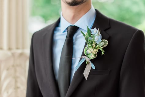 groom in black and light blue Black And Light Blue Tuxedo, Black Suit With Dusty Blue Tie, Black Suit Light Blue Tie, Black And Dusty Blue Wedding, Black And Light Blue Wedding, Light Blue And Black Wedding, Quinceanera Chambelanes, All Black Tux, Black Tuxedo Wedding