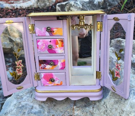 Upcycled Vintage Wood Jewelry Armoire Girls Women Box / Shabby - Etsy Girls Armoire, French Orange, Furniture Decals, Shabby Chic Jewellery Box, Flowers Lilac, Box Makeover, Vintage Armoire, Jewelry Box Makeover, Cottage French