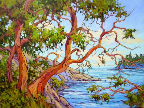 arbutus trees  Amanda Jones - local girl! Arbutus Tree, Amanda Jones, Emily Carr, Landscape Quilts, Post Impressionism, Gcse Art, Canadian Art, Sunset Painting, Canadian Artists