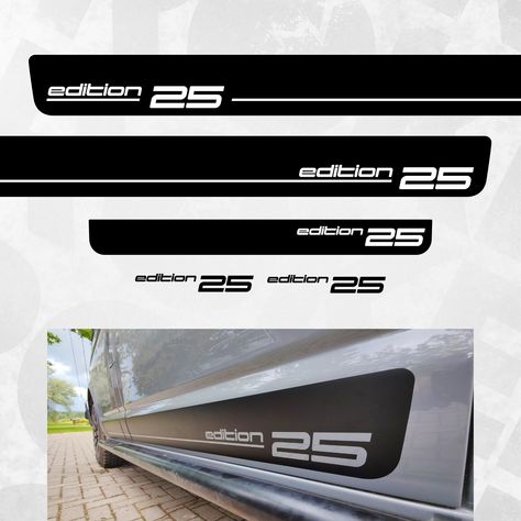 "VW Transporter Multivan California van T4 T5 T6 side car decal stripe  - Edition 25 graphics made of high quality german made ORACAL 551 vinyl film. Two side stripes (80\"x4.9\" / 2030x125mm) Back stripe (54.7\"x3.1\" / 1390x80mm) Two edition 25 decals (10.2\"x1.6\" / 260x40mm) Custom TEXT (and more colours) available - just message me. Supplied ready to fit, covered with application tape for easy installation (WET APPLICATION RECOMMENDED). The stickers are waterproof and can be used both indoor and outdoor. Any questions or for help and advice or any customisation requests please message us. TRACKED WORLDWIDE DELIVERY" Car Graphics Decals, Car Vinyl Graphics, Car Sticker Ideas, Bike Status, Custom Car Stickers, Car Stripes, Vw Art, Car Sticker Design, Graphic Shirt Design