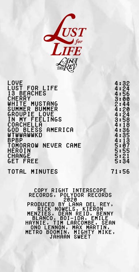 Album Receipts Lana Del Rey, Lana Del Rey Album Receipt, Receipt Lana Del Rey, Lana Del Rey Receipt, Lana Del Rey Tracklist, Love Receipt, Lust For Life Poster, Lana Lust For Life, Lust For Life Aesthetic