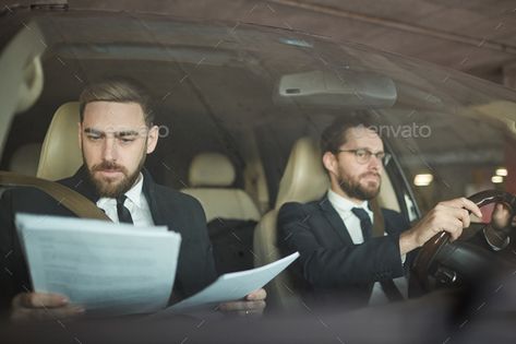 Businessman and driver in the car by AnnaStills. Young serious businessman reading a contract while his driver driving the car #Sponsored #car, #AnnaStills, #Businessman, #driver Driving Pose Reference, Driving Reference, Driving Illustration, Christmas Gift Drawing, Sitting Pose Reference, Business Contract, Car Side View, Car Poses, Inside Car