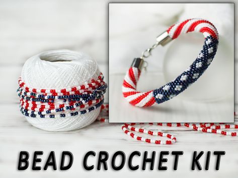 independence day DIY jewelry kit 4 of july bead crochet bracelet needlework kit seed bead bracelet craft kit for adult usa flag bracelet diy Independence Day Diy, Crochet Beaded Lizard, Crochet Beaded Rope Patterns Free, Bead Rope Crochet, Bead Crochet Rope Tutorial, Bead Crochet Bracelet, Bead Crochet Rope Patterns 6 Around, Flag Bracelet, Jewelry Necklace Simple