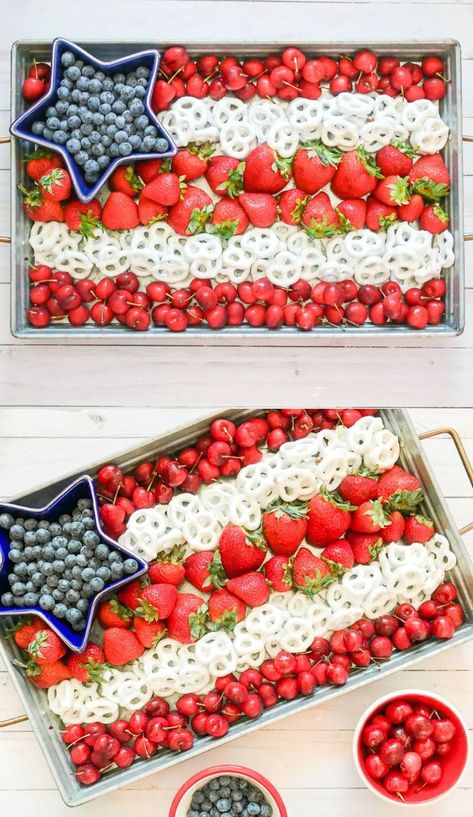 This cute American flag fruit tray is the perfect easy 4th of July snack! Made with fresh red, white, and blue fruits (strawberries, blueberries, and cherries) and yogurt-covered pretzels, it's also a great Memorial Day, Labor Day, and Veterans Day appetizer, too! Click through for the patriotic fruit tray recipe from southern blogger Stephanie Ziajka from Diary of a Debutante #snacks #4thofjuly #independenceday #patriotic #recipe #appetizers Yogurt Covered Pretzels, Patriotic Food, 4th Of July Desserts, Fourth Of July Food, 4th Of July Celebration, Fruit Platter, Fruit Tray, 4th Of July Party, Food Platters