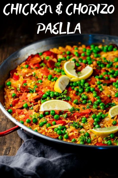 If you’re a fan of paella, you’ll love this Spanish Chicken and Chorizo Paella! It’s made with rice, tender chicken thighs and smoky chorizo. This is an easy, one pan meal that deserves a place in your dinner rotation! Spanish Rice With Chorizo, Chicken Paella Recipe Spanish, Sausage Paella, Spanish Baked Rice With Chorizo And Chickpeas, Chicken And Chorizo Paella Recipe, Chicken And Chorizo Paella, Spanish Chicken And Chorizo, Seafood And Chorizo Paella, Chorizo Paella