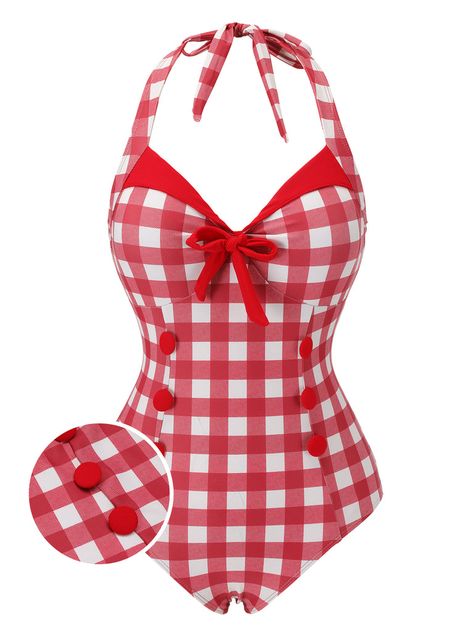 [Pre-Sale] Red 1950s Plaids Added Bowknot Swimsuit – Retro Stage - Chic Vintage Dresses and Accessories Cute Red Clothes, Cute Swim Suits, Strawberry Swimsuit, 50s Swimsuit, 80s Swimsuit, 1950s Swimsuit, Retro One Piece Swimsuits, Retro Stage, Pin Up Vintage