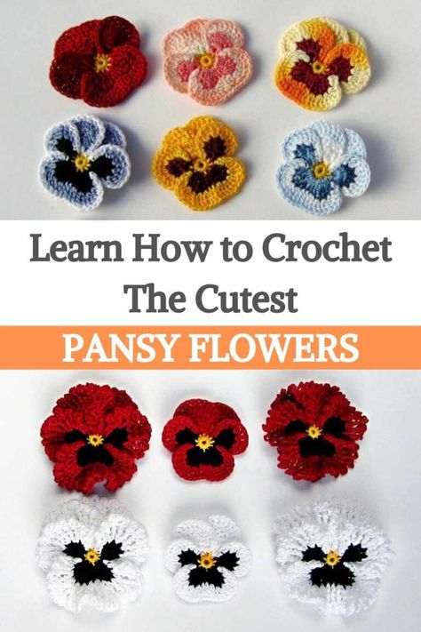 Crochet Pansy Pattern, Bookmark Flower Crochet, Pansy Crochet Pattern, Crochet Pansy Flower Free Pattern, Crochet Pansies Free Pattern, Crochet Irish Flower, Crochet Flowers On Sweater, Garden Crochet Ideas, Pansy Crochet Pattern Free