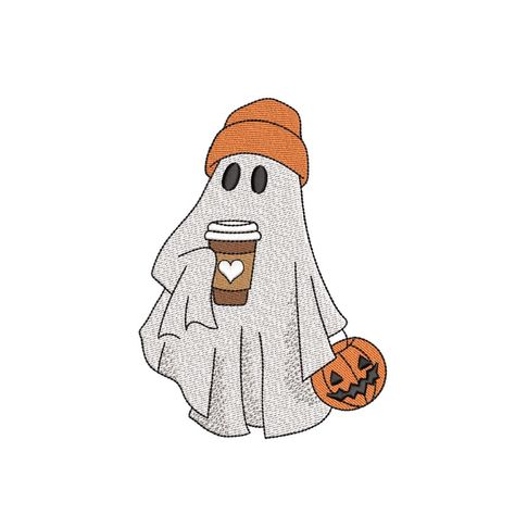 Cool Halloween Drawings, Ghost Holding Coffee, Ghost With Coffee, Coffee Embroidery, Fall Ghost, Helloween Wallpaper, Ghost Coffee, Cute Halloween Ghost, Halloween Wallpaper Cute