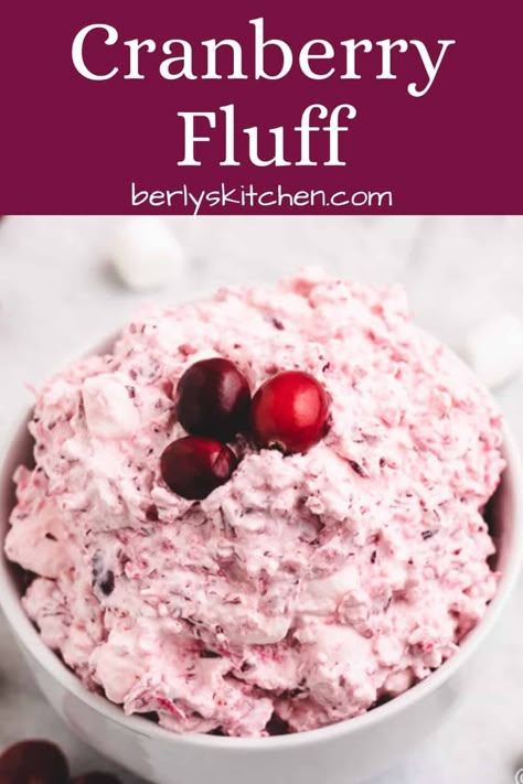 A classic holiday dessert with a tangy twist. Our cranberry fluff is made with fresh cranberries, mini marshmallows, and whipped topping! #berlyskitchen Cranberry Appetizers, Cranberries Salad, Cranberry Fluff Salad, Congealed Salads, Cranberry Desserts, Classic Holiday Desserts, Cranberry Fluff, Cranberry Salad Recipes, Easy Holiday Side Dishes