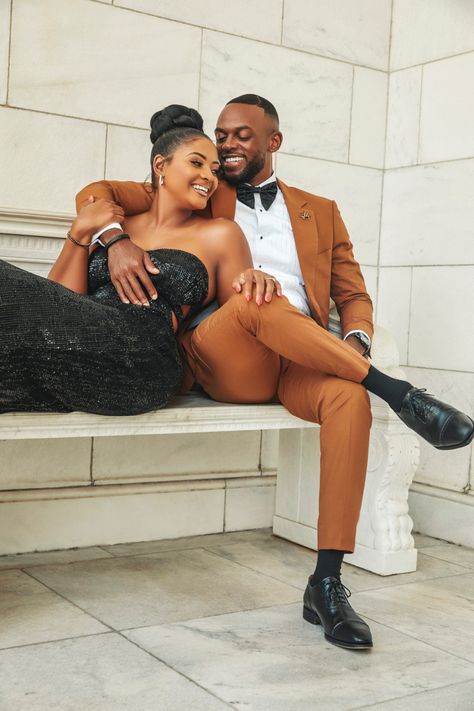 engagement photo shoot Suits Couple Photoshoot, Photo Shoot Ideas Black Couple, Save The Date Photo Ideas Black Couples, Save The Date Ideas Black Couples, Seated Engagement Photos, Engagement Shots Photo Poses, Elegant Engagement Photos Black Couples, Engagement Pictures Black Couple, 20th Anniversary Photo Shoot